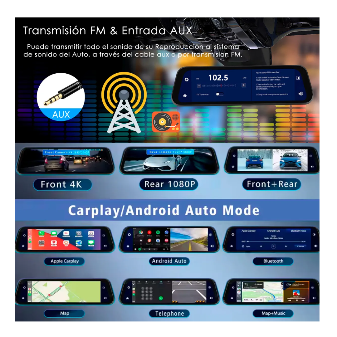Retrovisor Cámara Auto Pantalla Completa 4k Android Auto Cp