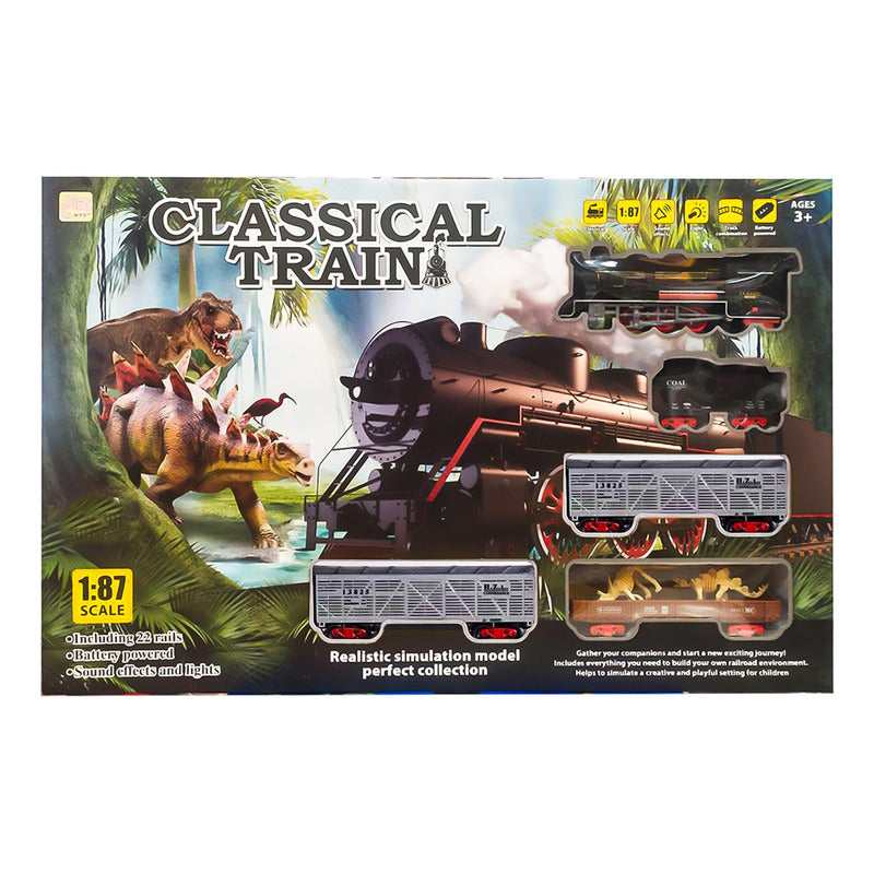 Juguete Tren Y Dinosaurio Electrico 32 Pcs Vagones Rieles