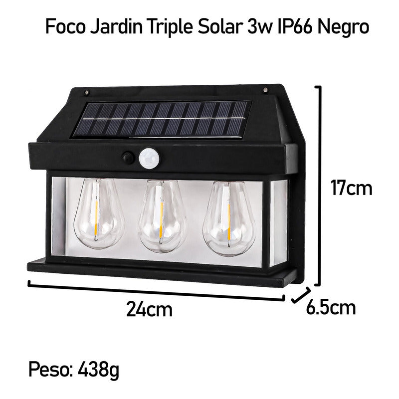 Farol Solar Aplique Pared 3 Ampolletas Led Sensor Luz Calido