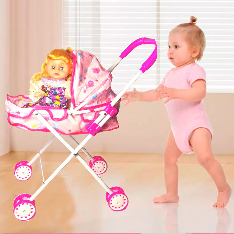 Coche Cuna Metlico De Juguete Con Muñeca Lovely 1a Portatil