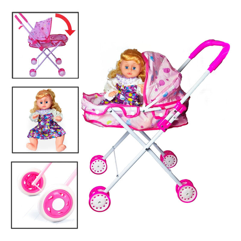 Coche Cuna Metlico De Juguete Con Muñeca Lovely 1a Portatil