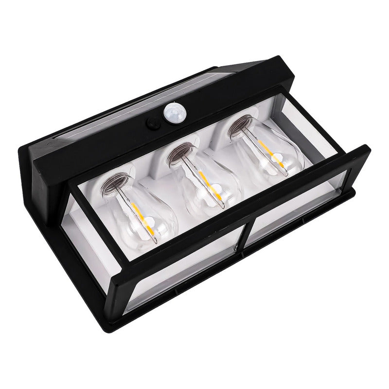 Farol Solar Aplique Pared 3 Ampolletas Led Sensor Luz Calido