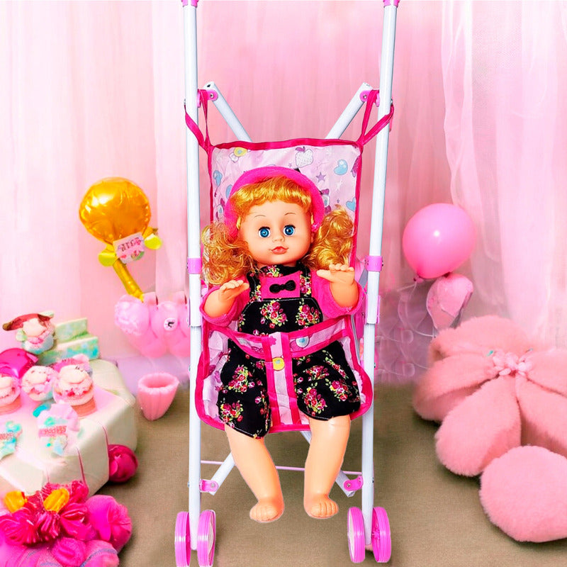 Coche Cuna Metalico De Juguete Con Muñeca Lovely 9 Portatil