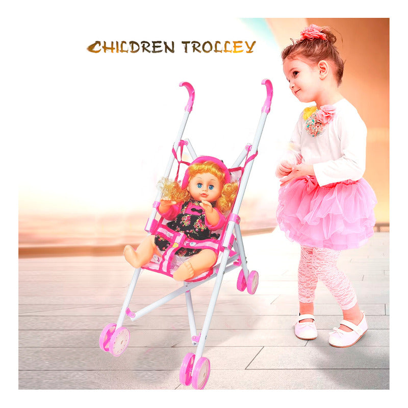 Coche Cuna Metalico De Juguete Con Muñeca Lovely 9 Portatil