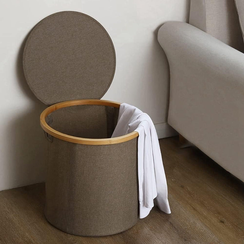 Cesto Canasto Ropa Sucia Plegable Borde Madera Con Tapa