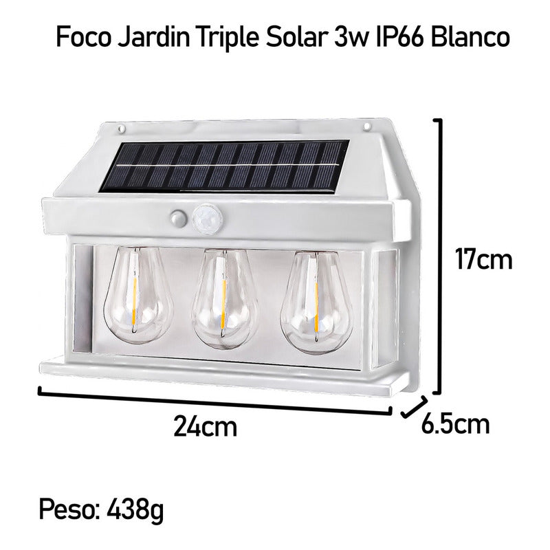 Farol Solar Aplique Pared 3 Ampolletas Led Sensor Luz Fría