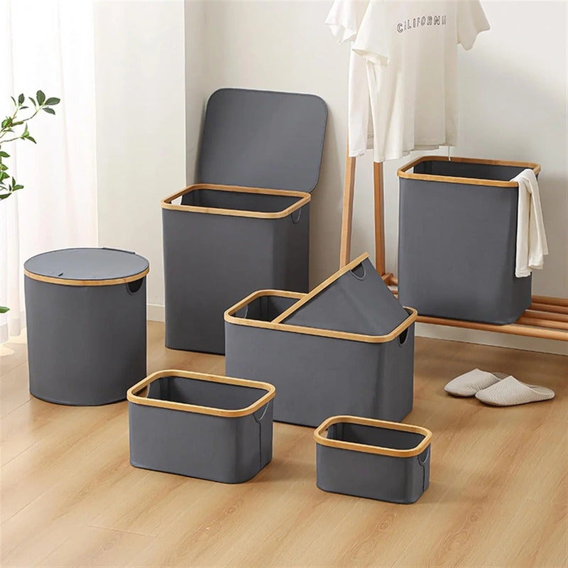 Cesto Canasto Ropa Sucia Plegable Borde Madera Con Tapa Cuadrada
