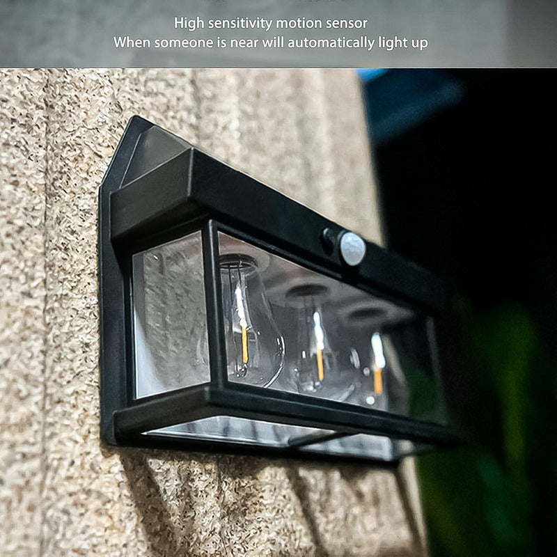 Farol Solar Aplique Pared 3 Ampolletas Led Sensor Luz Calido