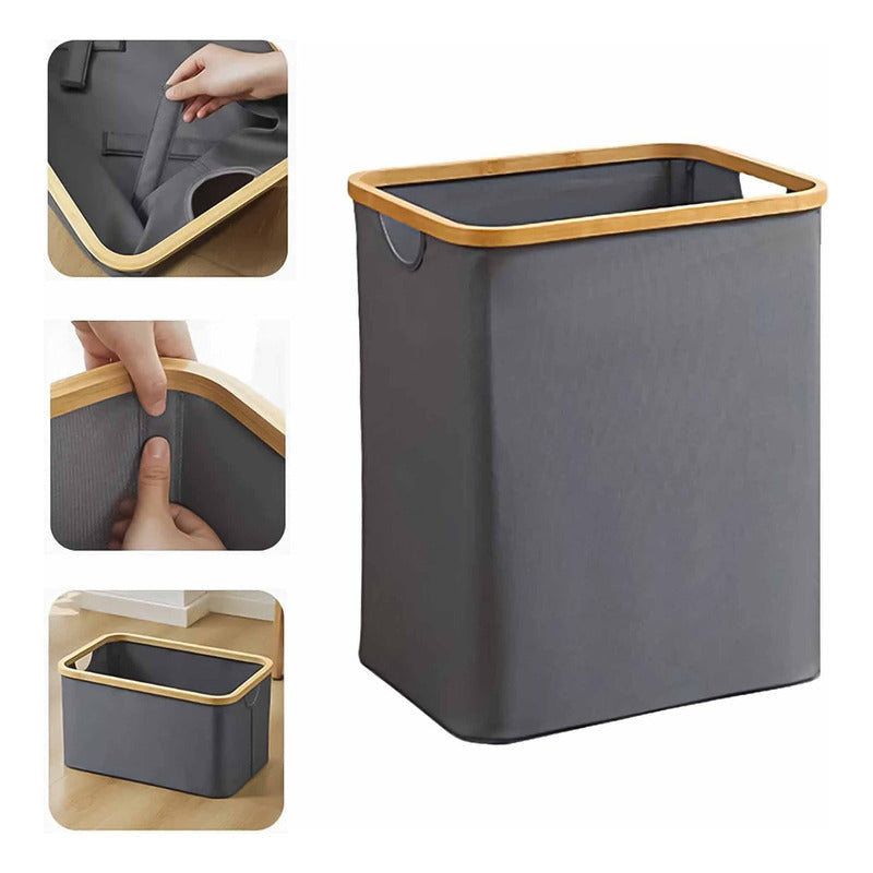 Cesto Canasto Ropa Sucia Plegable Borde Madera Con Tapa Cuadrada