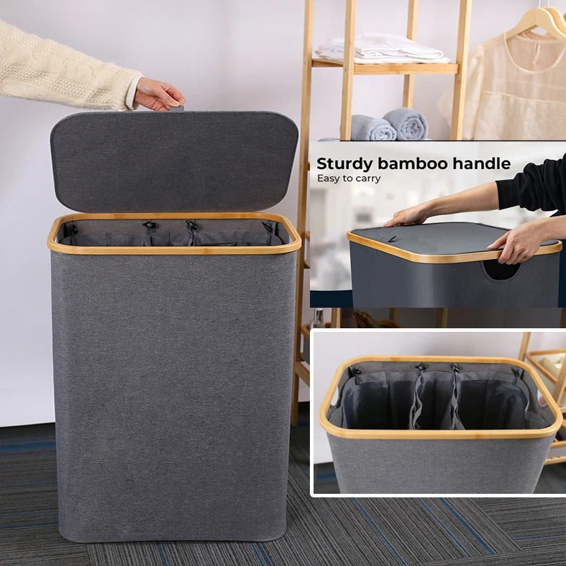 Cesto Canasto Ropa Sucia Plegable Borde Madera Con Tapa Cuadrada