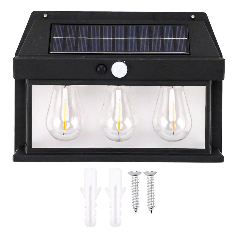 Farol Solar Aplique Pared 3 Ampolletas Led Sensor Luz Calido