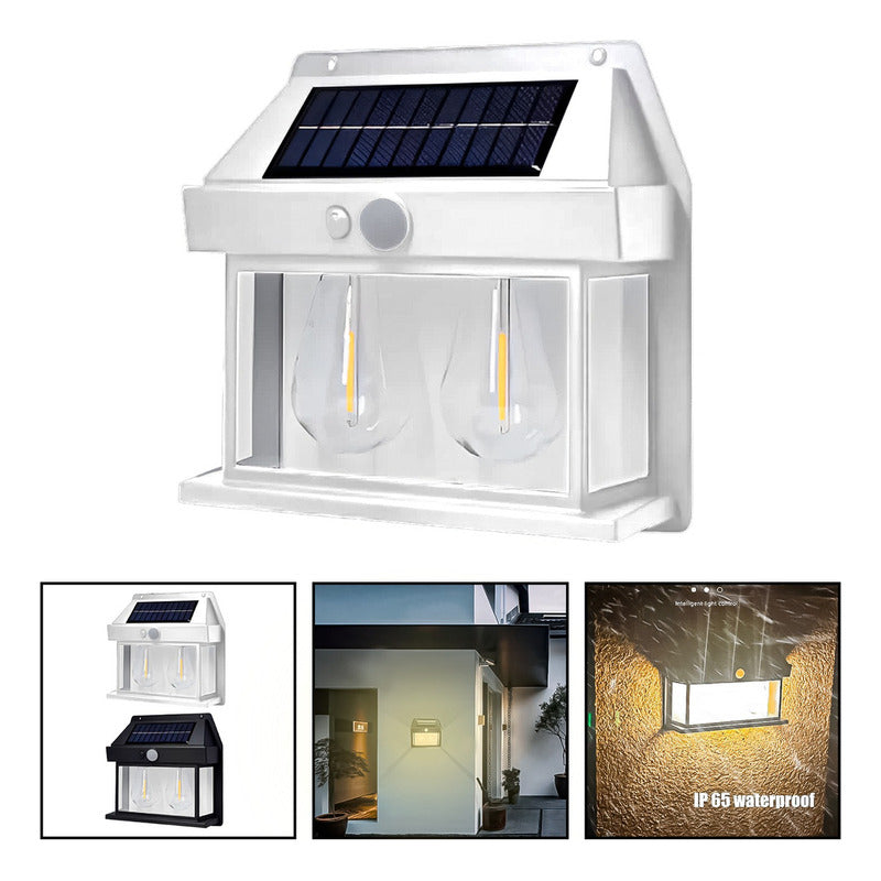 3 Farol Solar Aplique Pared 2 Ampolletas Led Sensor Luz Calida Jardin