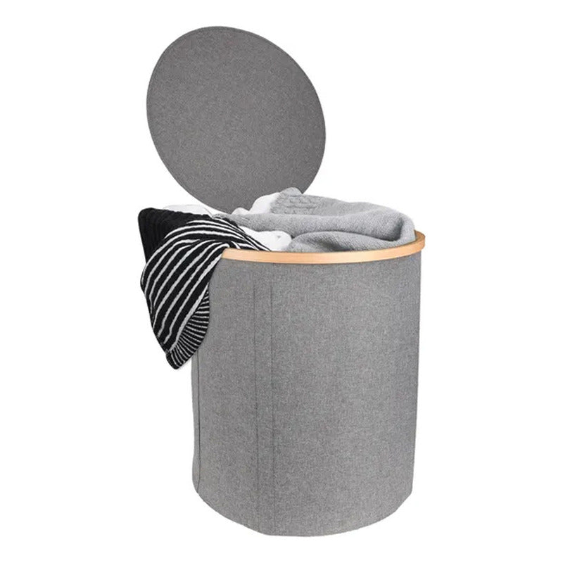 Cesto Canasto Ropa Sucia Plegable Borde Madera Con Tapa