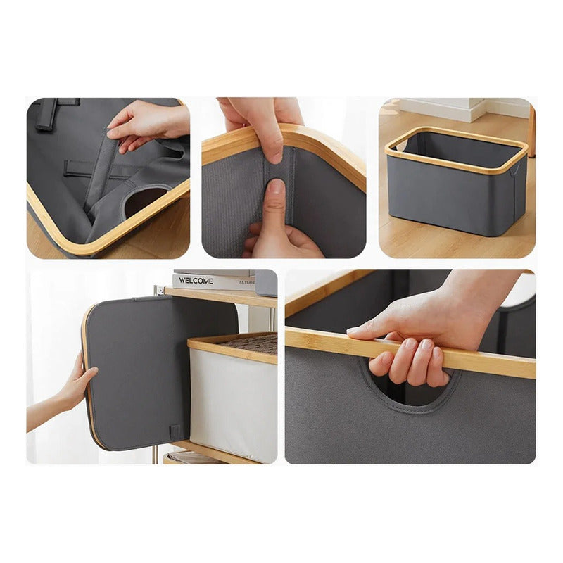 Cesto Canasto Ropa Sucia Plegable Borde Madera Con Tapa Cuadrada