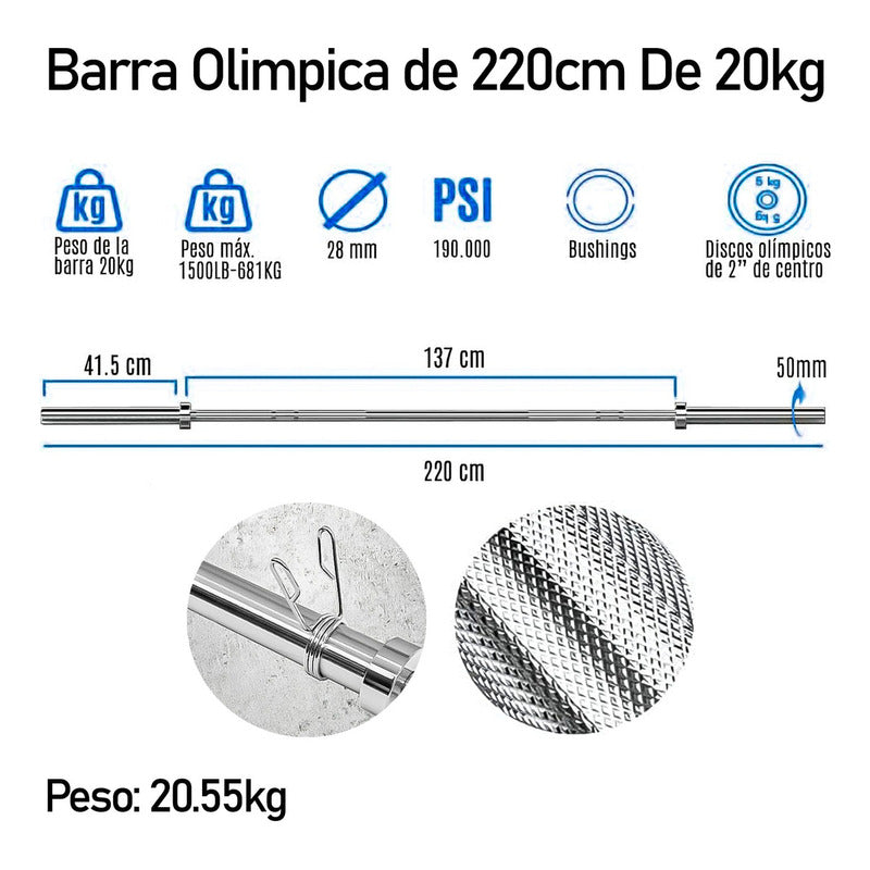 Barra Olímpica Profesional De Competición 2.20m 20kg