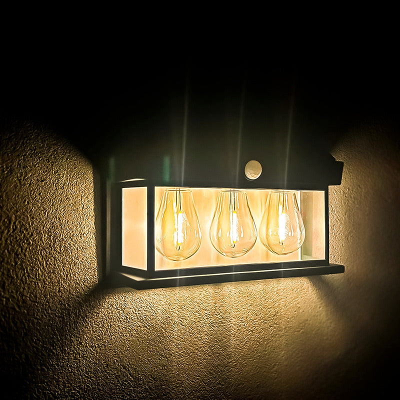Farol Solar Aplique Pared 3 Ampolletas Led Sensor Luz Calido