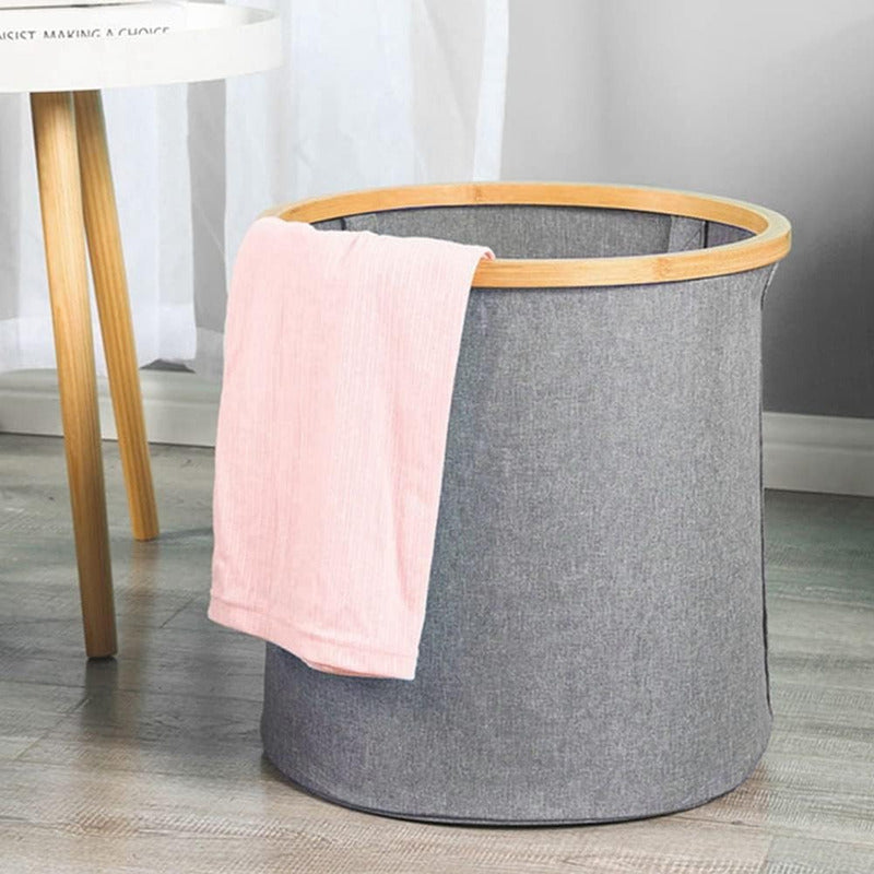 Cesto Canasto Ropa Sucia Plegable Borde Madera Con Tapa