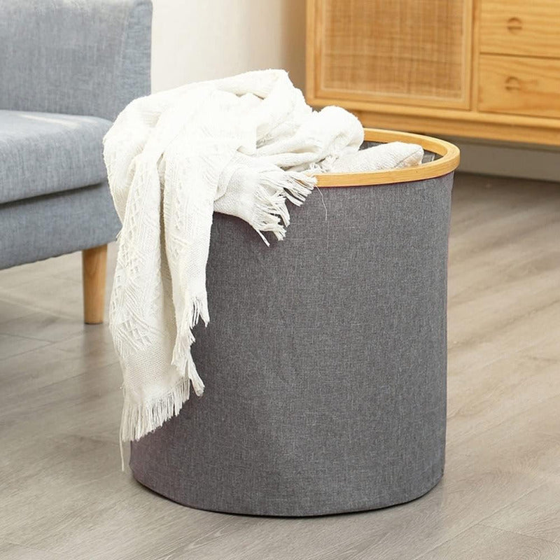 Cesto Canasto Ropa Sucia Plegable Borde Madera Con Tapa