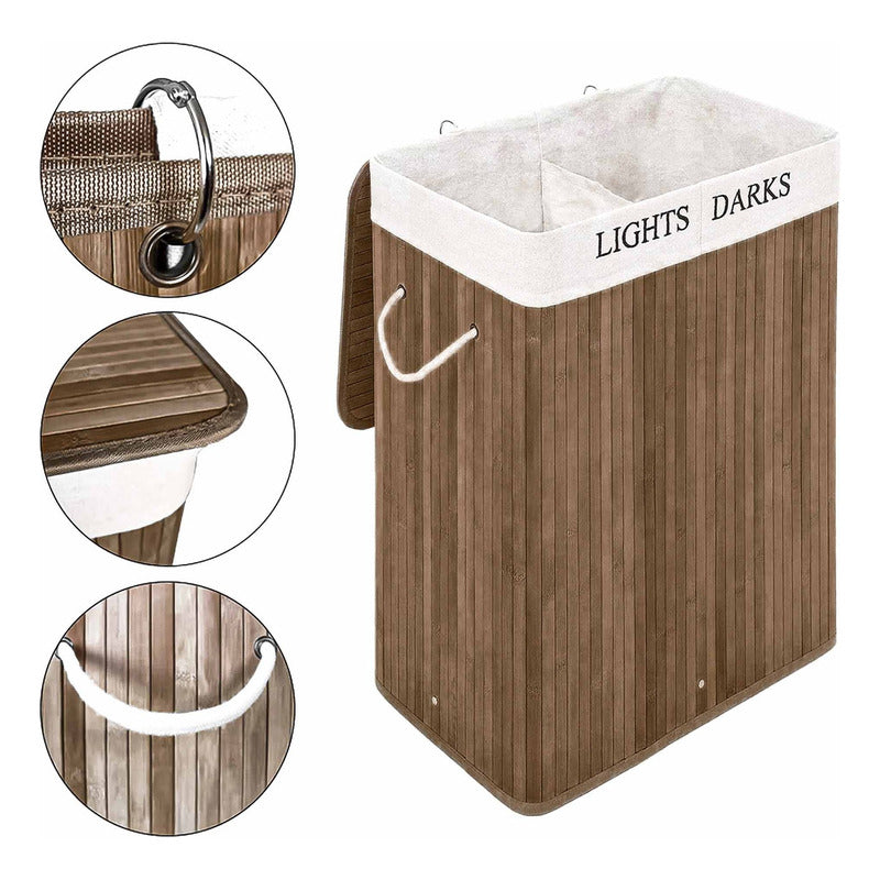 Cesto Canasto Para Ropa De Bambú Doble 65cm Grande Con Tapa