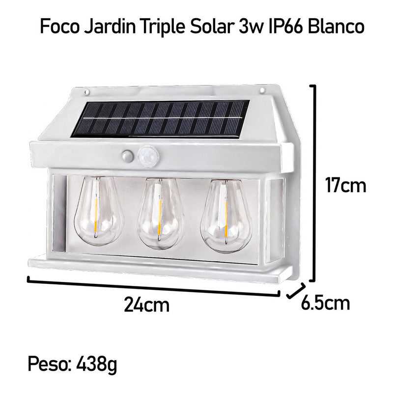 Farol Solar Aplique Pared 3 Ampolletas Led Sensor Luz Calido