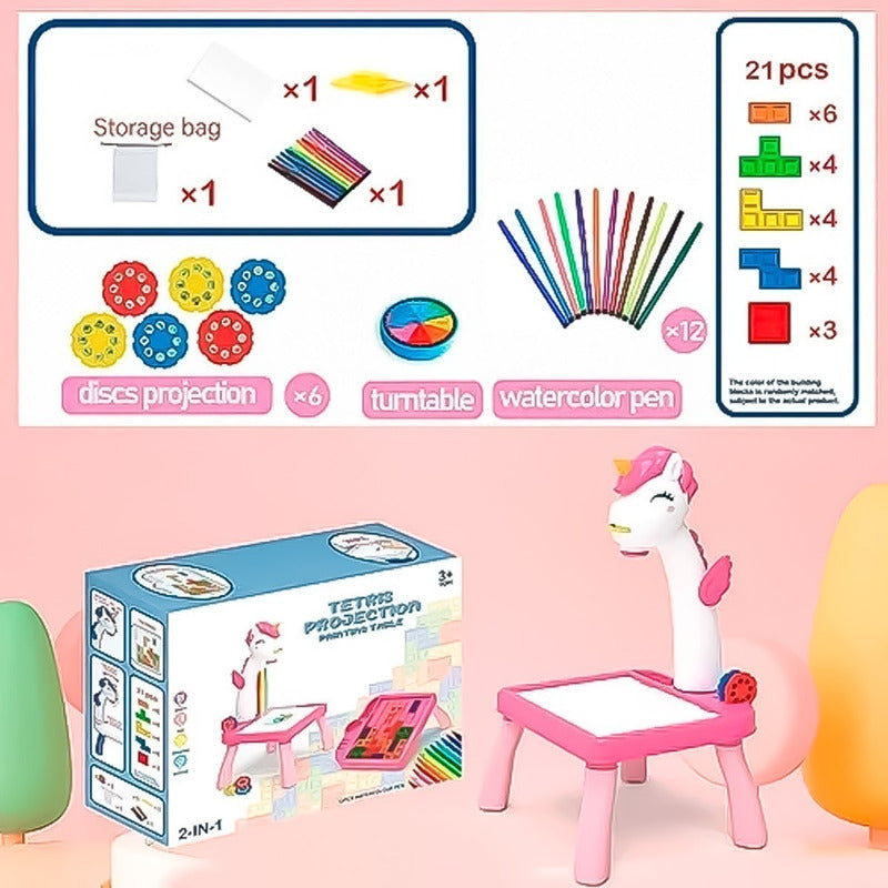 Mesa 2 En 1 Proyector Dibujo Didactica Juego Tetris Unicornio