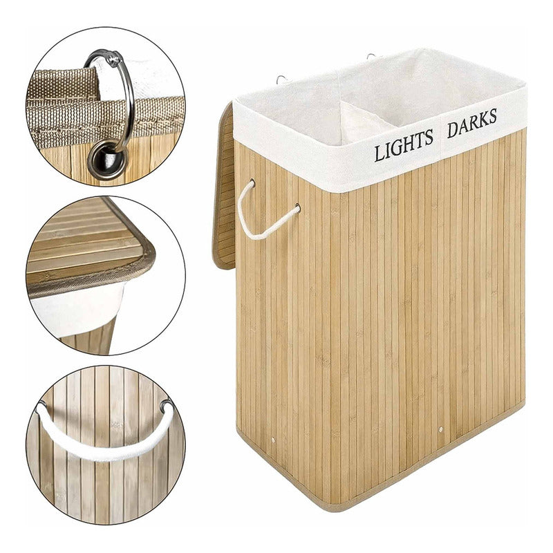 Cesto Canasto Para Ropa De Bambú Doble 65cm Grande Con Tapa