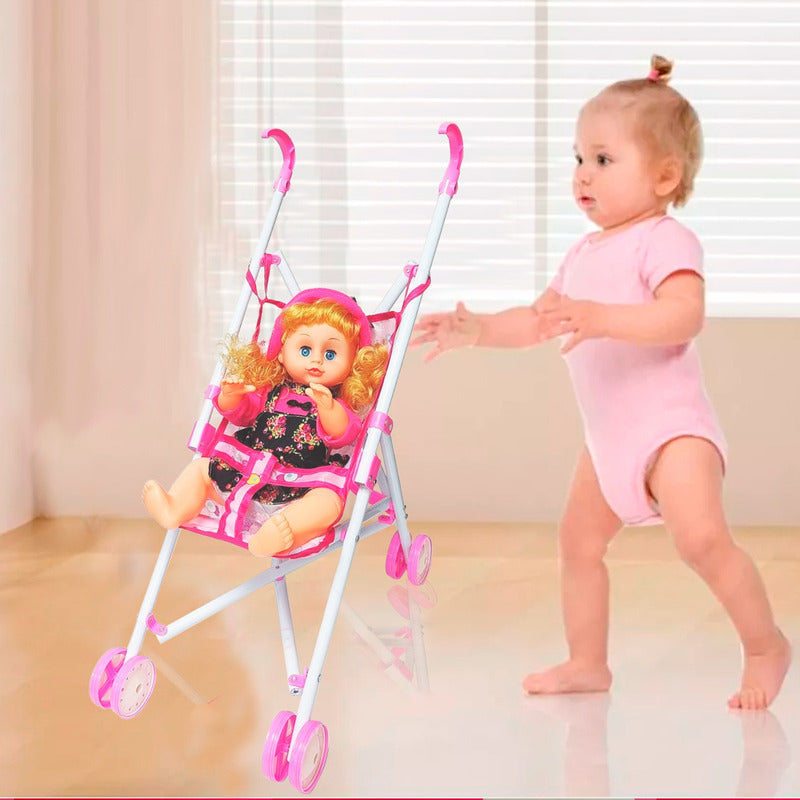 Coche Cuna Metalico De Juguete Con Muñeca Lovely 9 Portatil