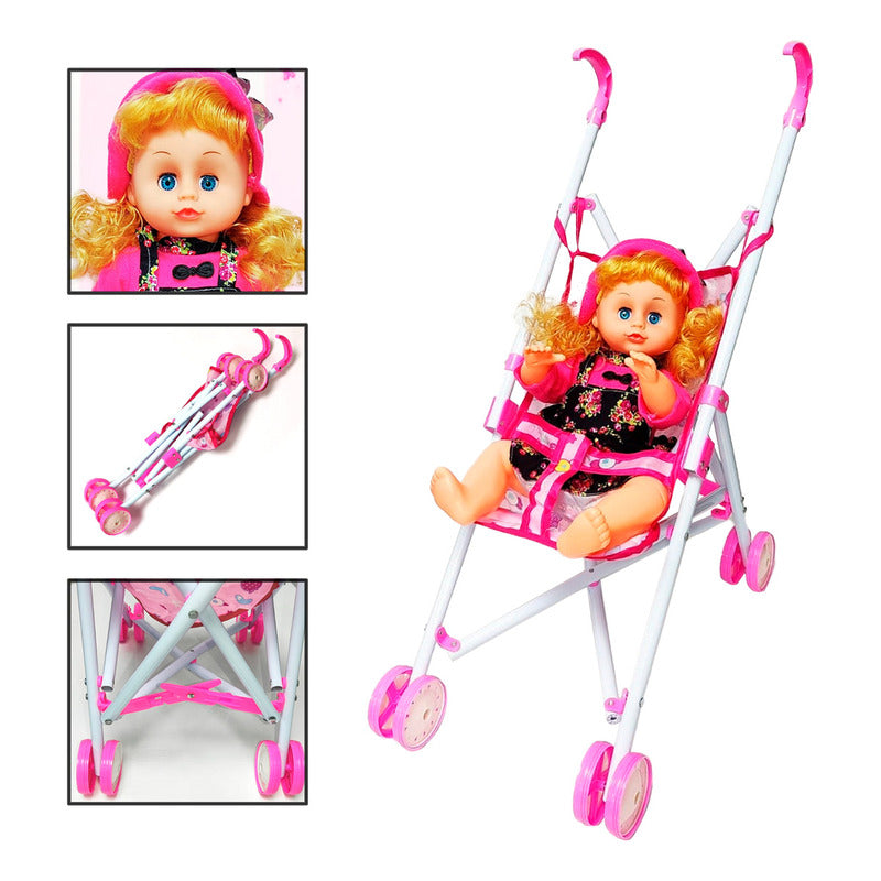 Coche Cuna Metalico De Juguete Con Muñeca Lovely 9 Portatil