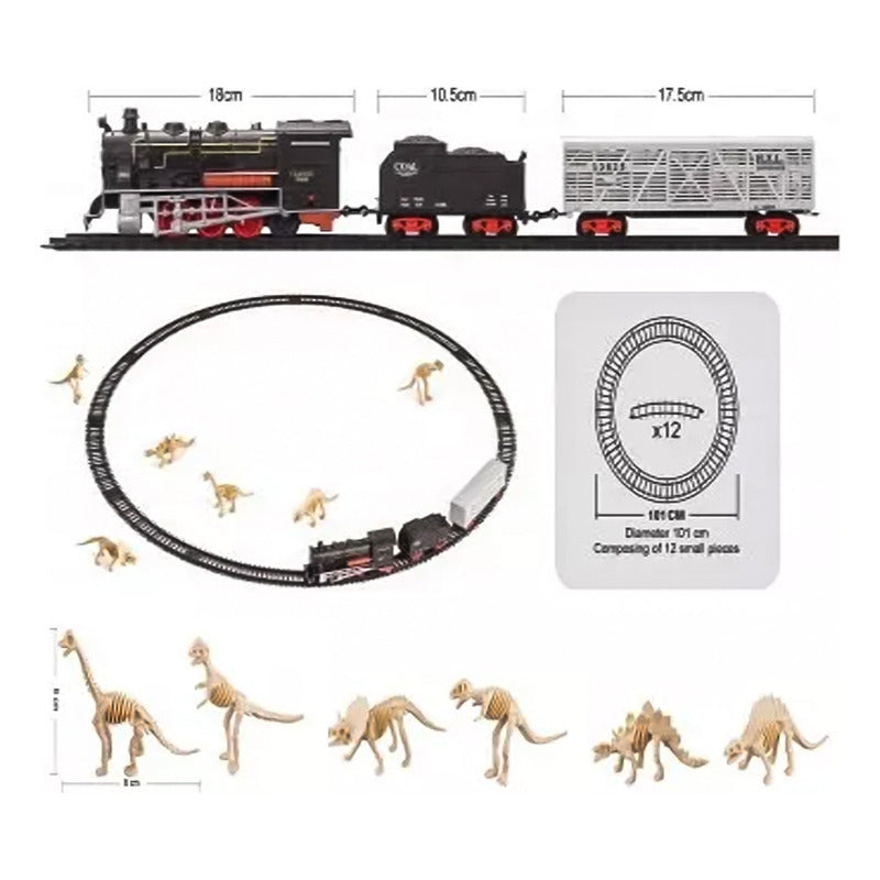 Juguete Tren Y Dinosaurio Electrico 32 Pcs Vagones Rieles