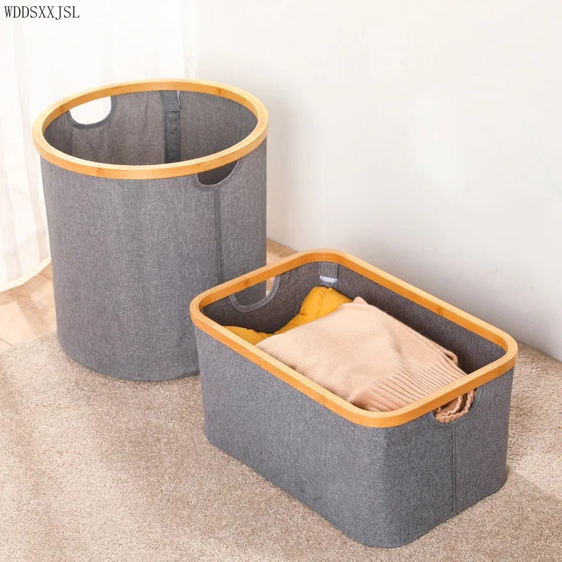 Cesto Canasto Ropa Sucia Plegable Borde Madera Con Tapa