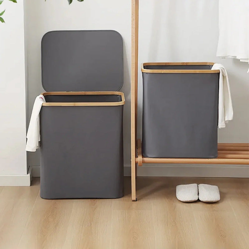 Cesto Canasto Ropa Sucia Plegable Borde Madera Con Tapa Cuadrada