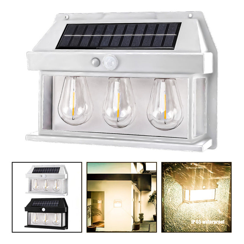 Farol Solar Aplique Pared 3 Ampolletas Led Sensor Luz Calido