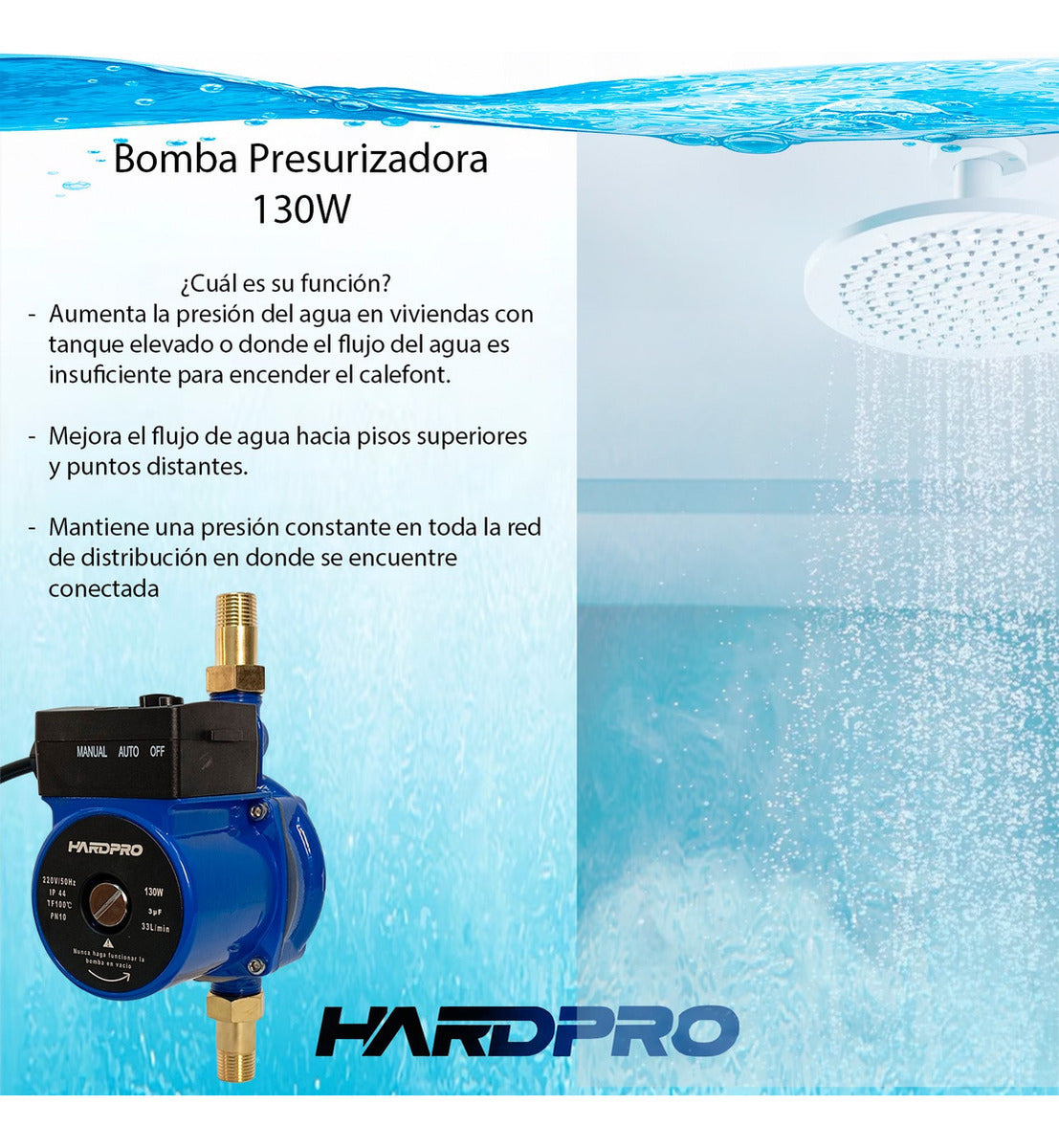 Bomba Presurizadora Agua Hardpro Calefont 33l/min 130w
