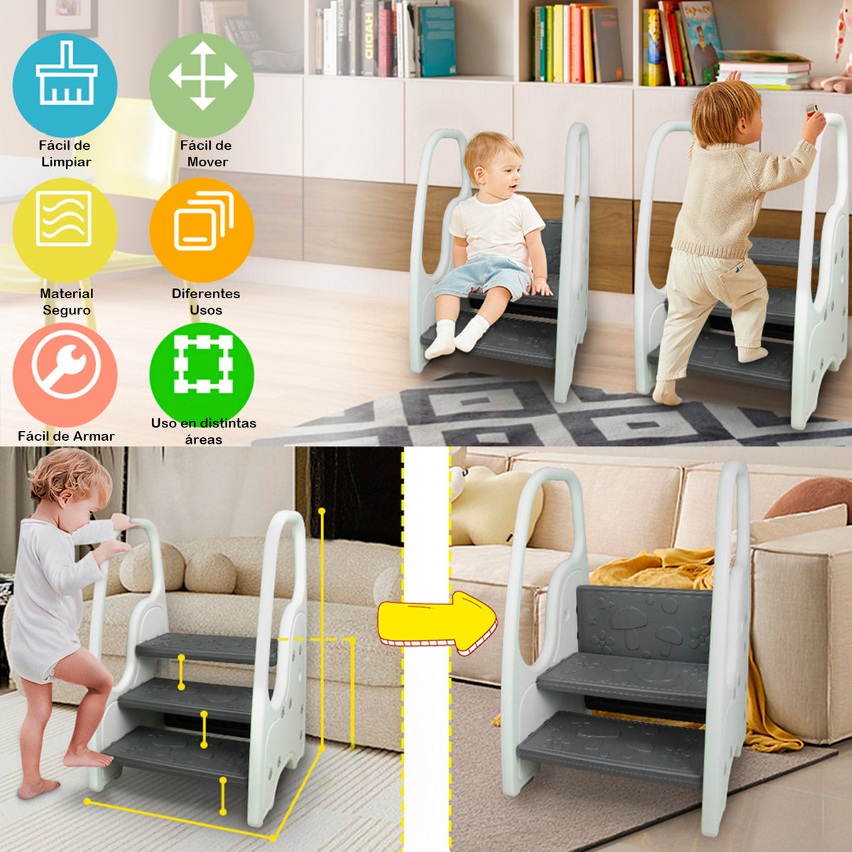 Taburete Escalera Niños Baño Cocina Infantil De 3 Peldaños Nubo