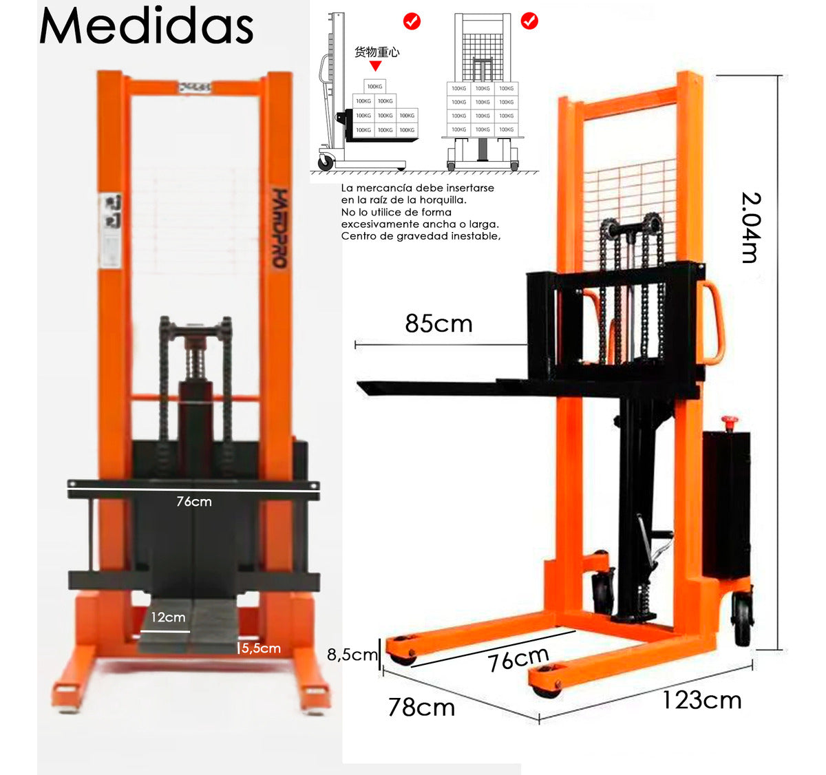 Apilador Hidráulico Eléctrico En Acero 2 toneladas 1,6 metros Montacarga Hardpro