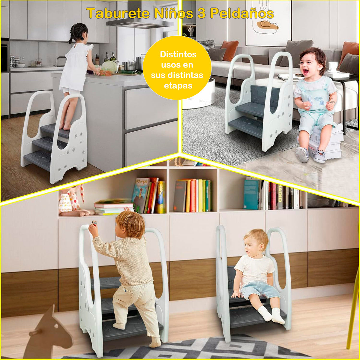 Taburete Escalera Niños Baño Cocina Infantil De 3 Peldaños Nubo