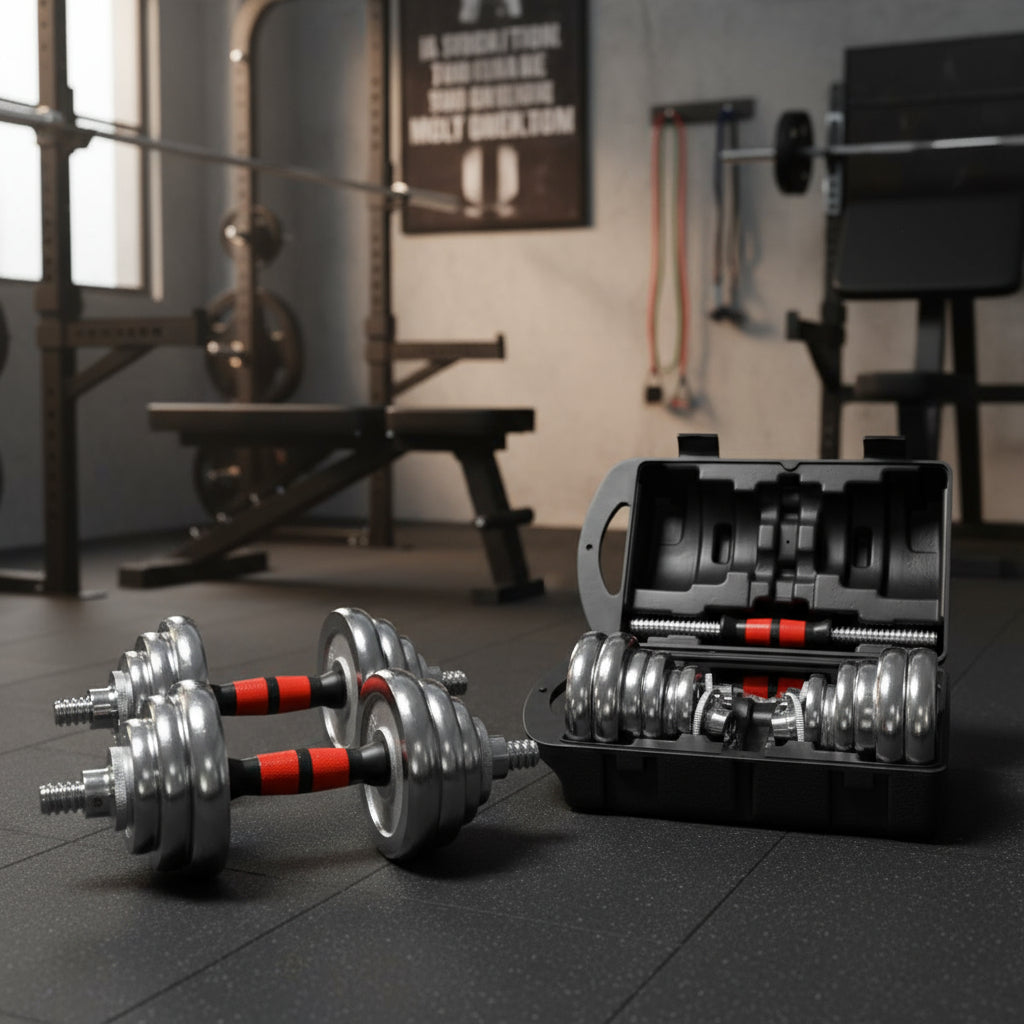 Set De Mancuernas Cromadas Ajustables 20Kg Con Maletin
