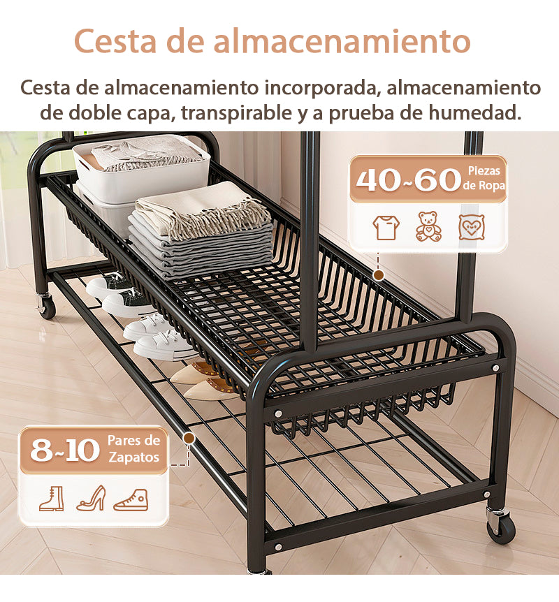 Perchero Organizador Colgante De Ropa Doble Con Ruedas 120cm Negro