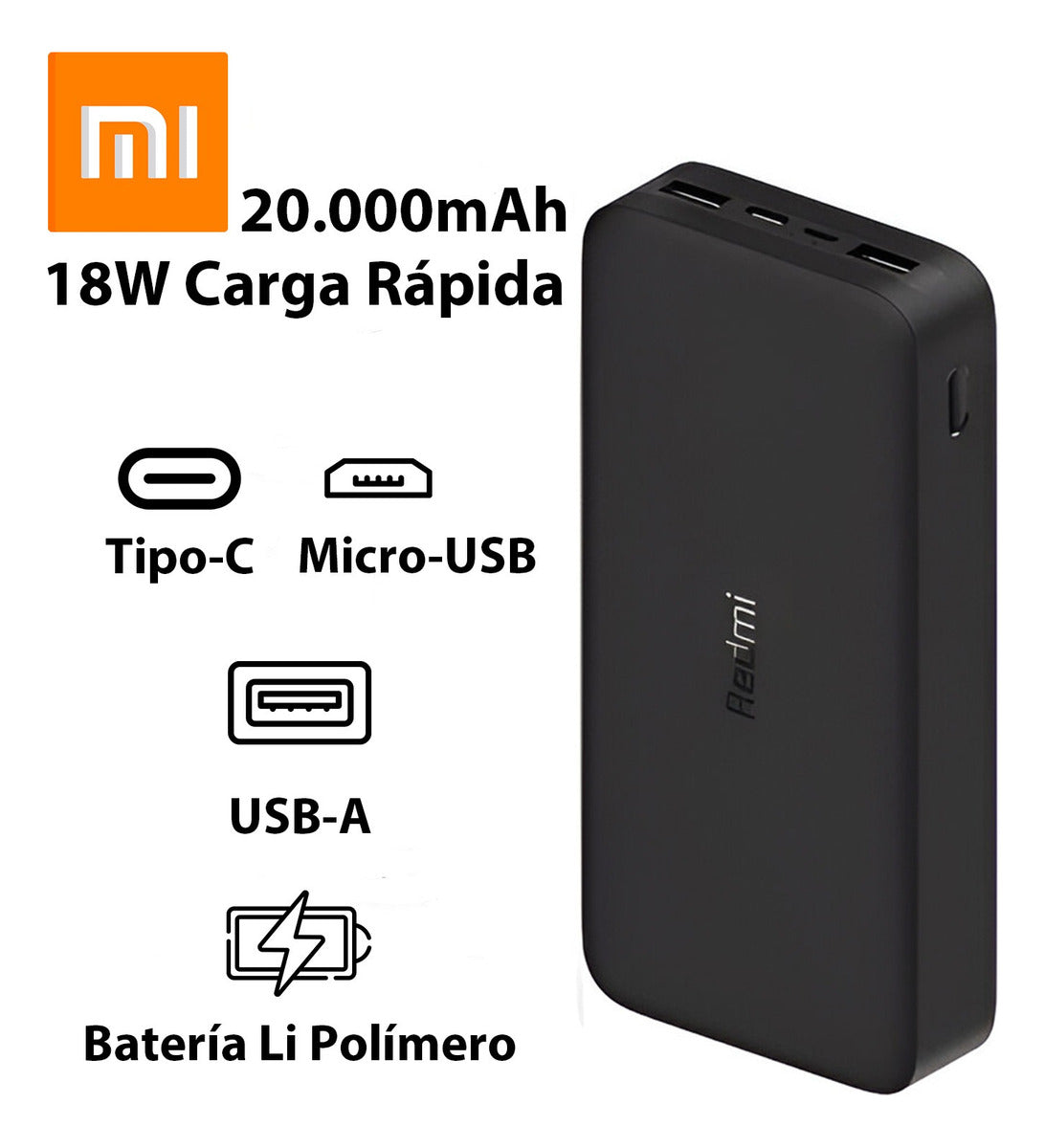 Cargador Portatil Xiaomi Redmi 18w 20.000mah Carga Rapida Negro