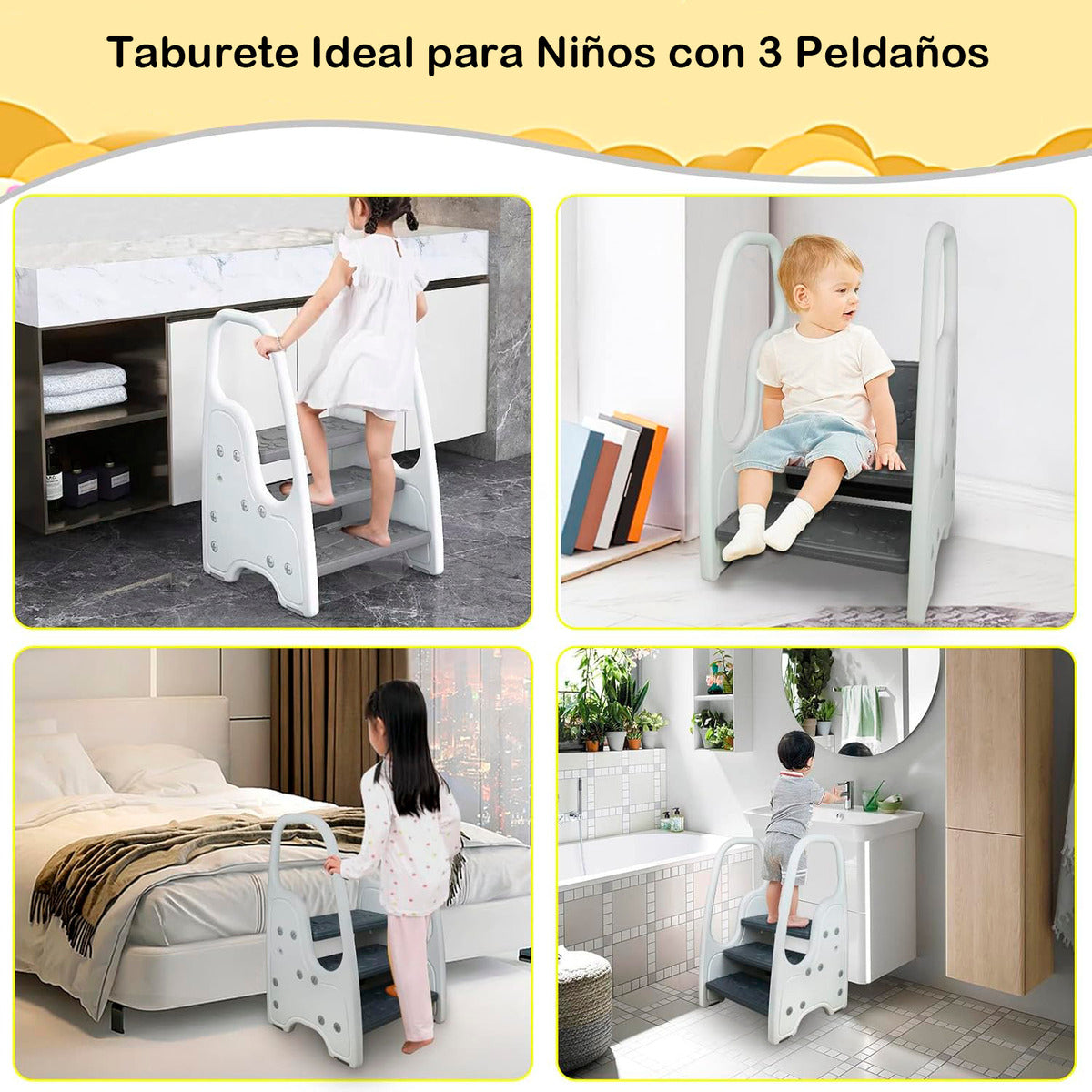 Taburete Escalera Niños Baño Cocina Infantil De 3 Peldaños Nubo