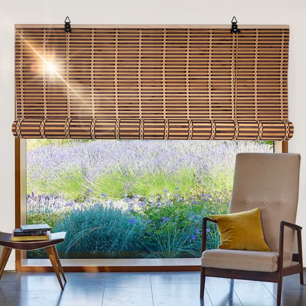 Cortina De Bambú Persiana Roller Bicolor 180x180cm Con Diseños