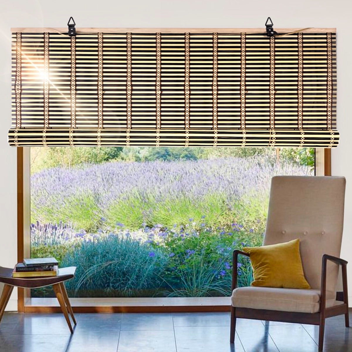Cortina De Bambú Persiana Roller Bicolor 180x180cm Con Diseños