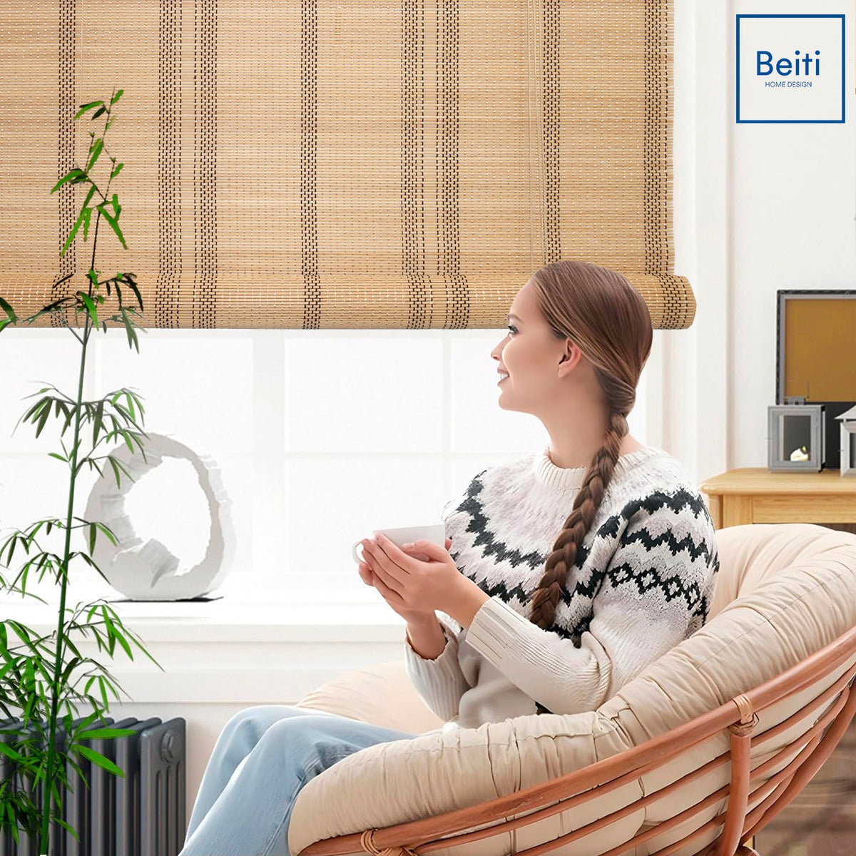 Cortina Bambú Fino Persiana Roller Enrollable 120x180cm