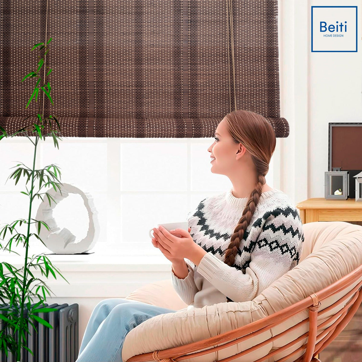 Cortina De Bambú Fino Persiana Roller Enrollable 90x150CM