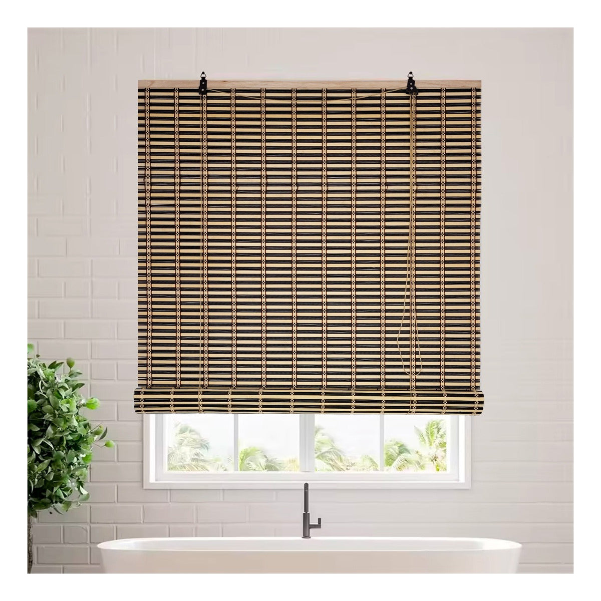 Cortina De Bambú Persiana Roller Bicolor 90x180cm Con Diseños