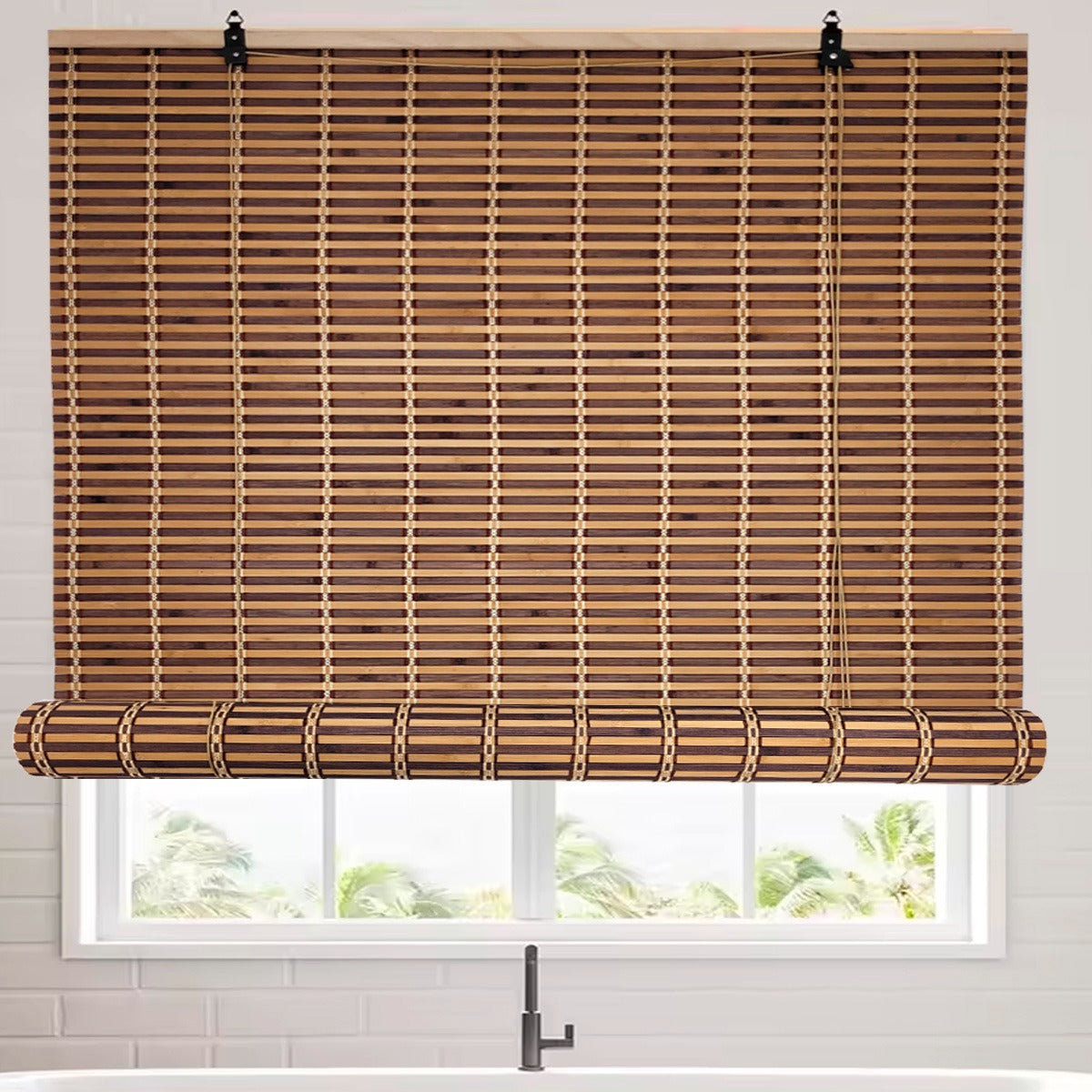Cortina De Bambú Persiana Roller Bicolor 120x150cm Con Diseños