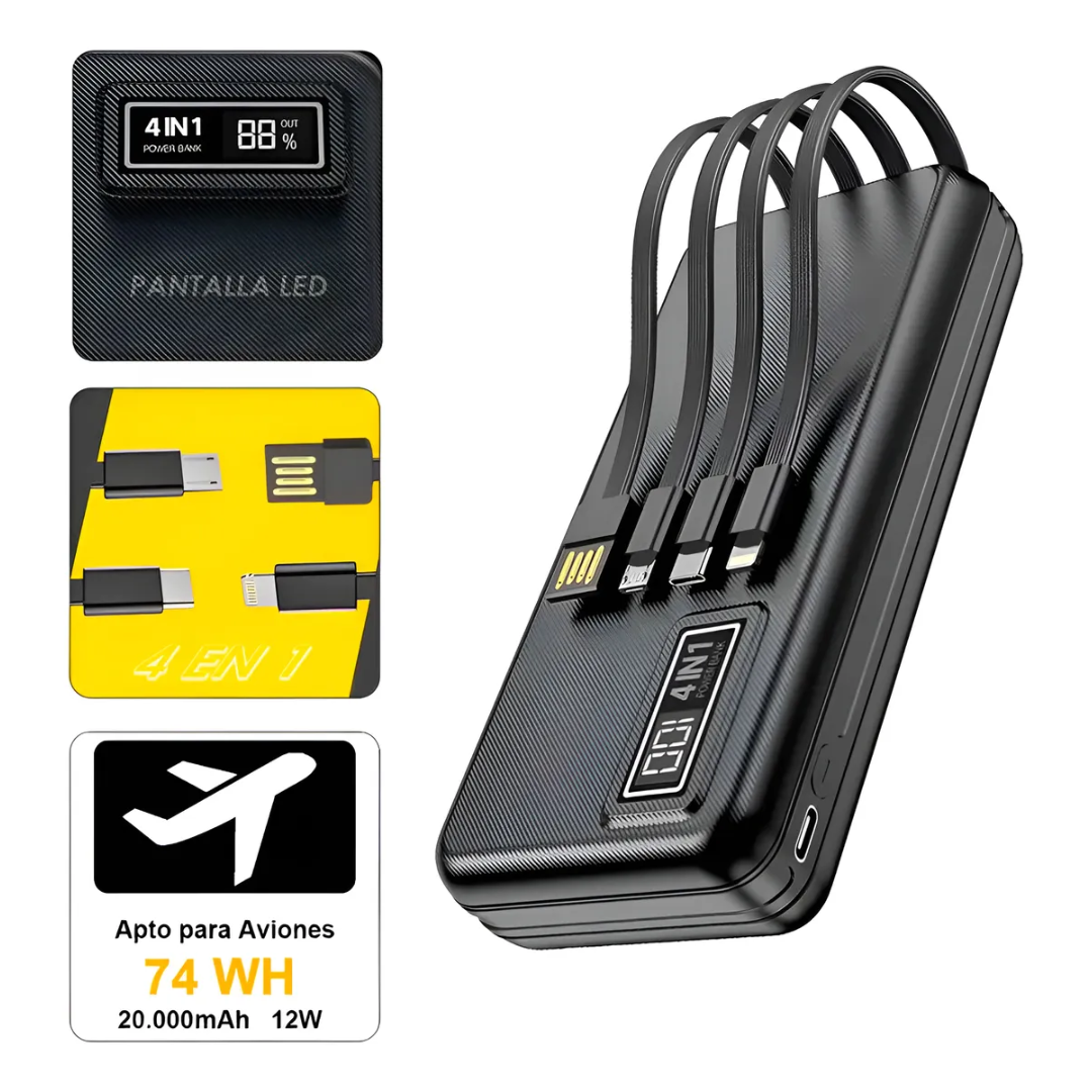 Cargador Bateria Portatil Powerbank Usb De 20000mah 4 En 1