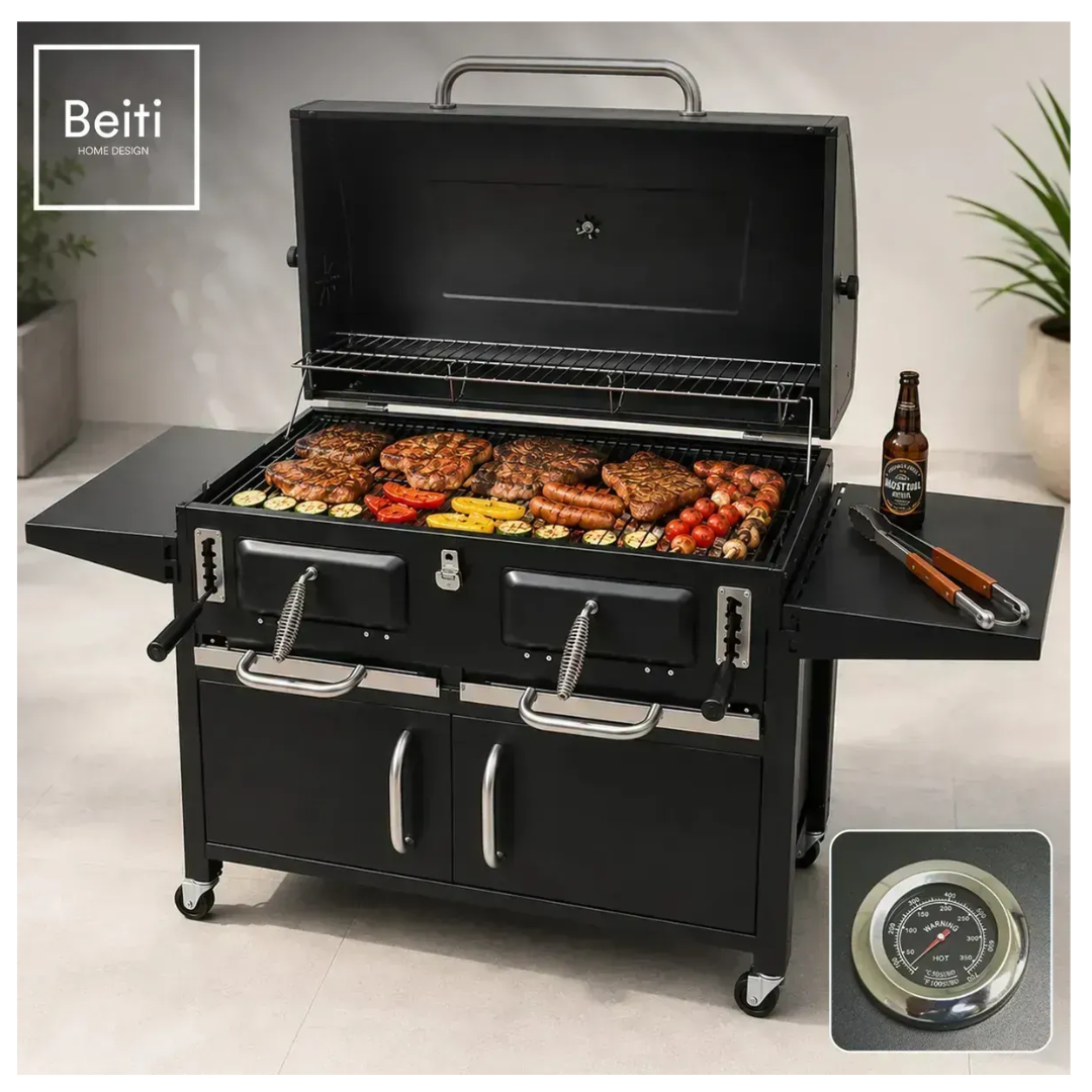 Parrilla A Carbon Con Tapa Premium De Acero Con 4 Ruedas Asados