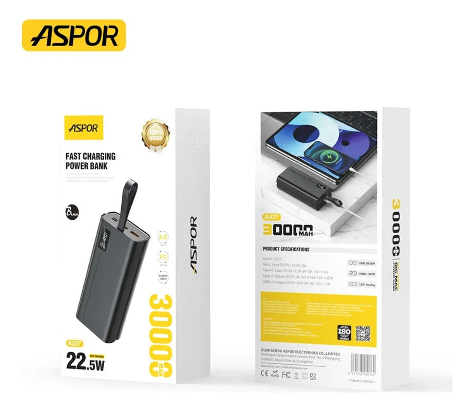 Power Bank 30000 Mah Bateria Aspor Carga Rapida Pd 20w Usb-c Portatil