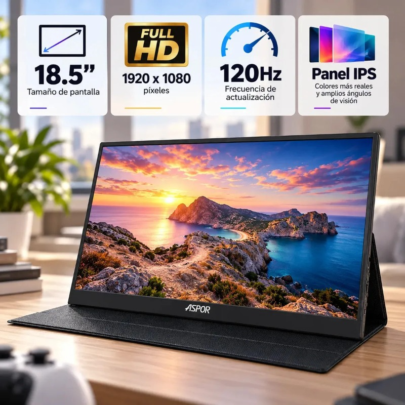 Monitor Portatil 18.5 Pulgadas 120hz Full Hd Con Parlante Y Case Negro